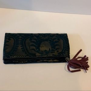 EUC The Limited Teal‎ and Greige Velvet Damask Pouch Clutch Evening Bag Purse
